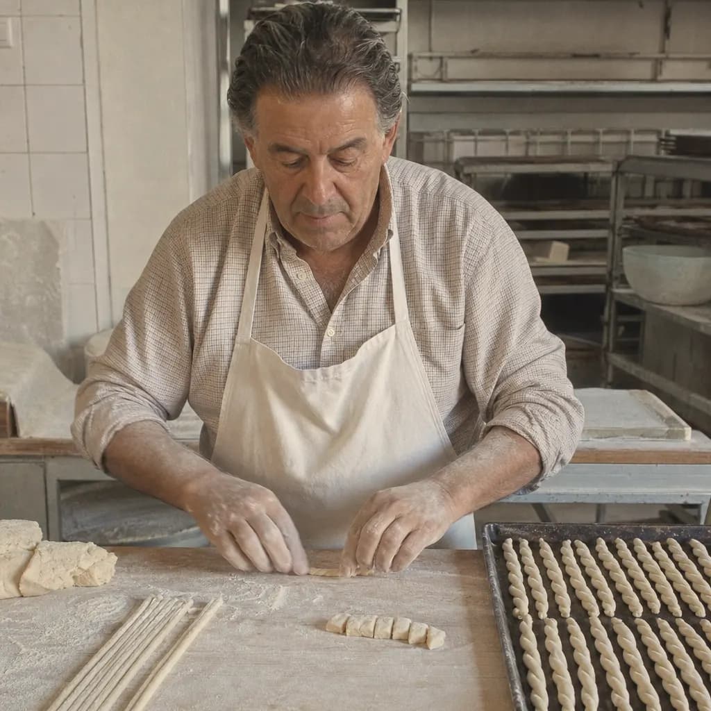 Curro Montero cuts the dough into strips and rolls each pico by hand