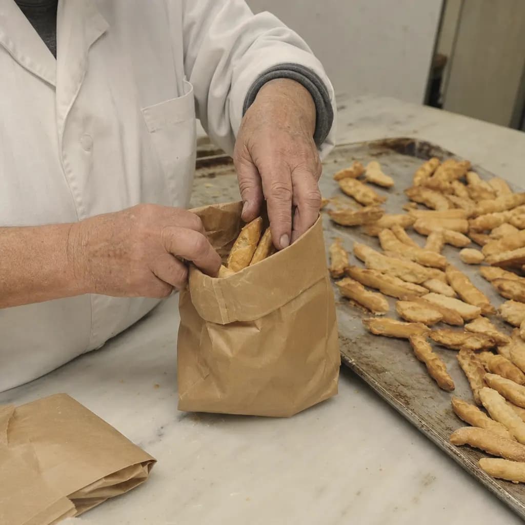 Hands fill kraft paper bags with cooled picos