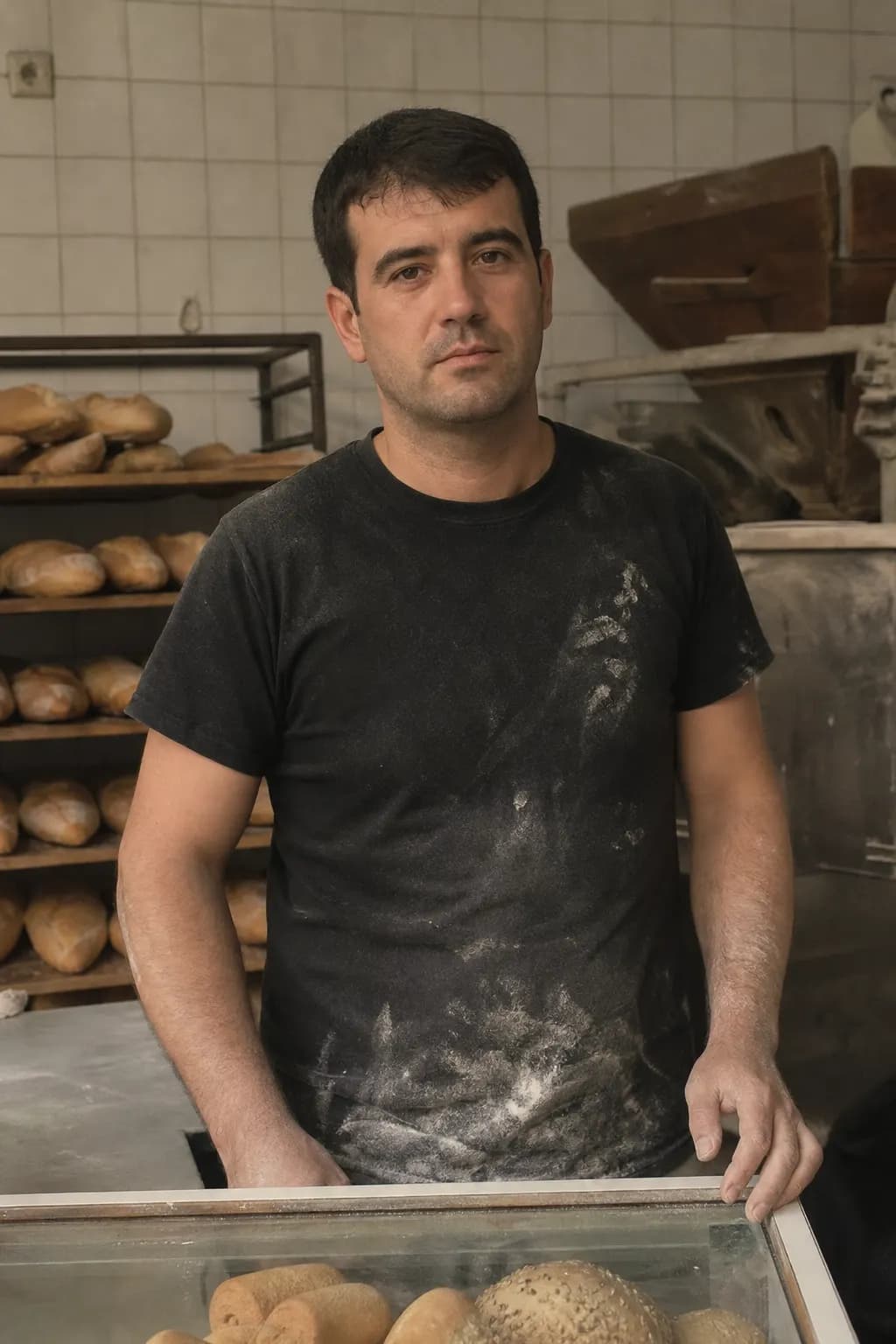 Curro Montero, aged 31, behind the counter of the Utrera bakery