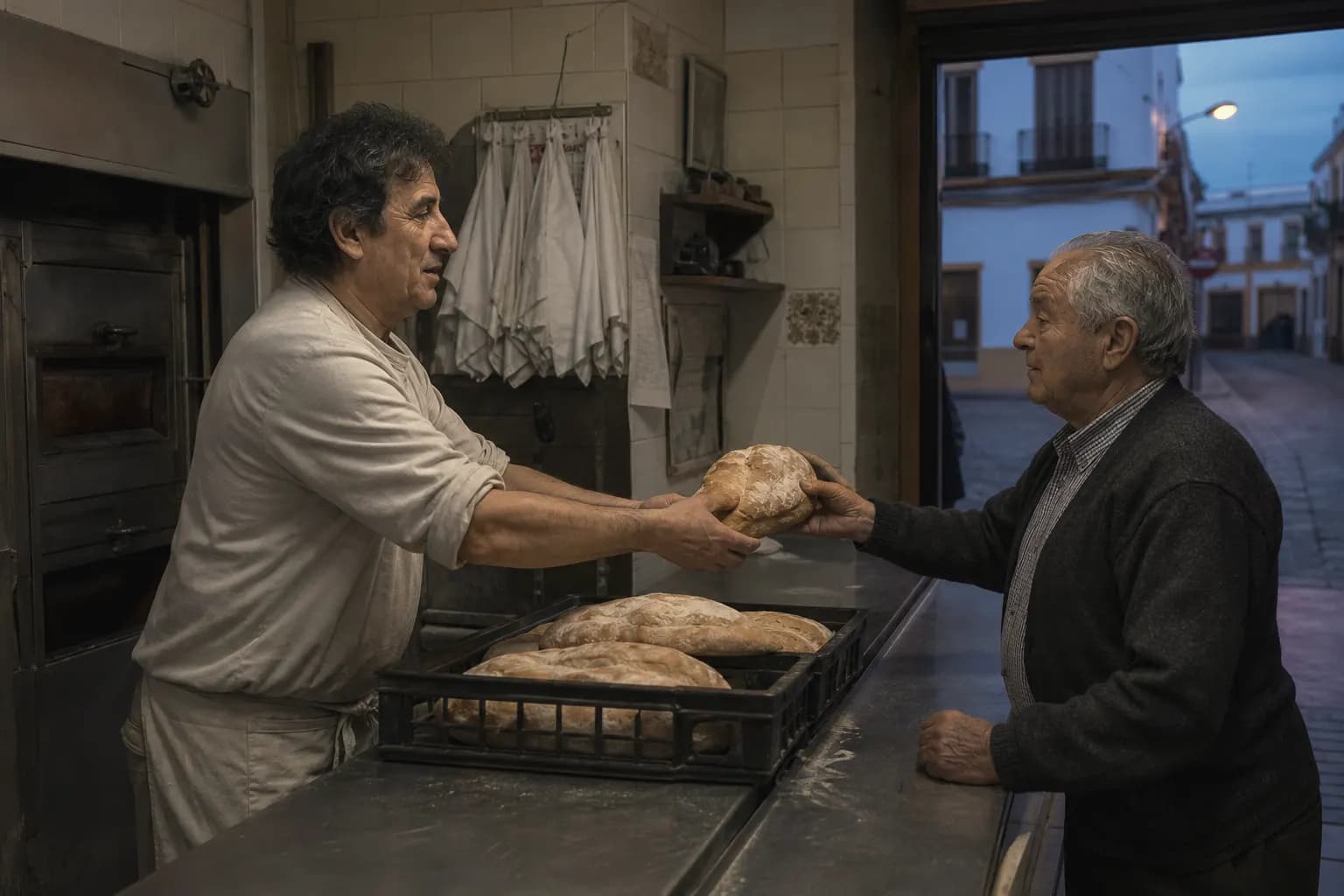 Curro Montero takes bread from the oven and serves a neighbour before dawn