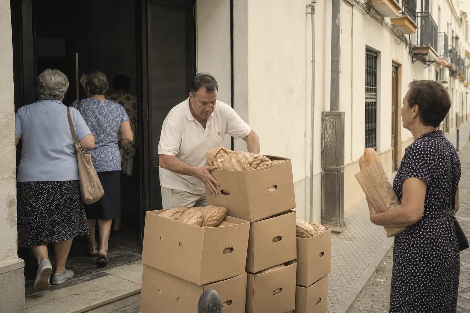 Curro Montero stacks boxes of picos while neighbours buy their bread