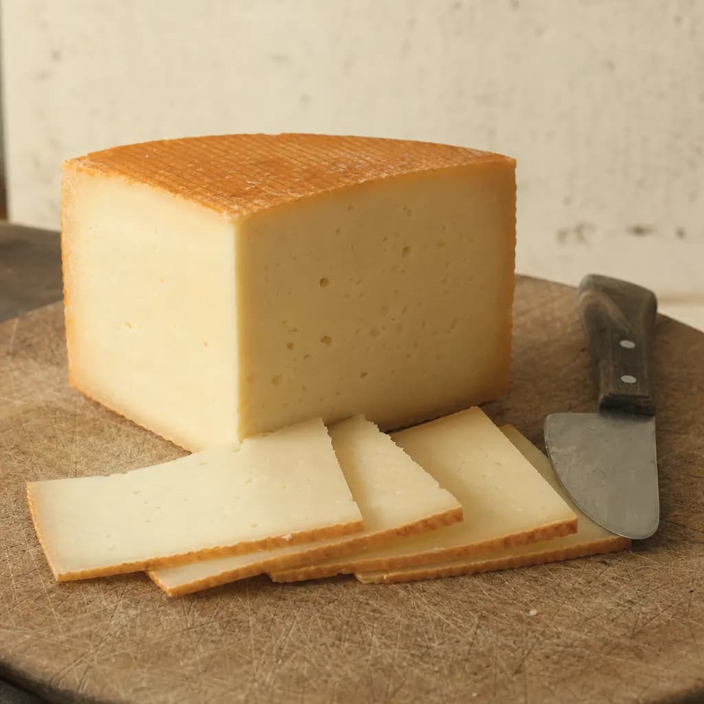 Wedge of cured Mahón cheese with ivory paste and orange rind