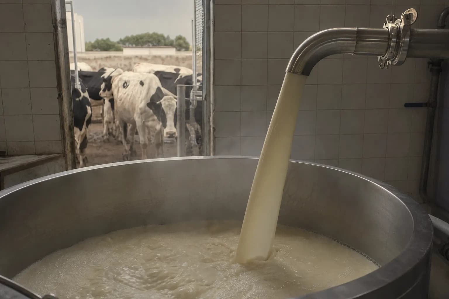 Raw milk pouring straight into the vat in the dairy