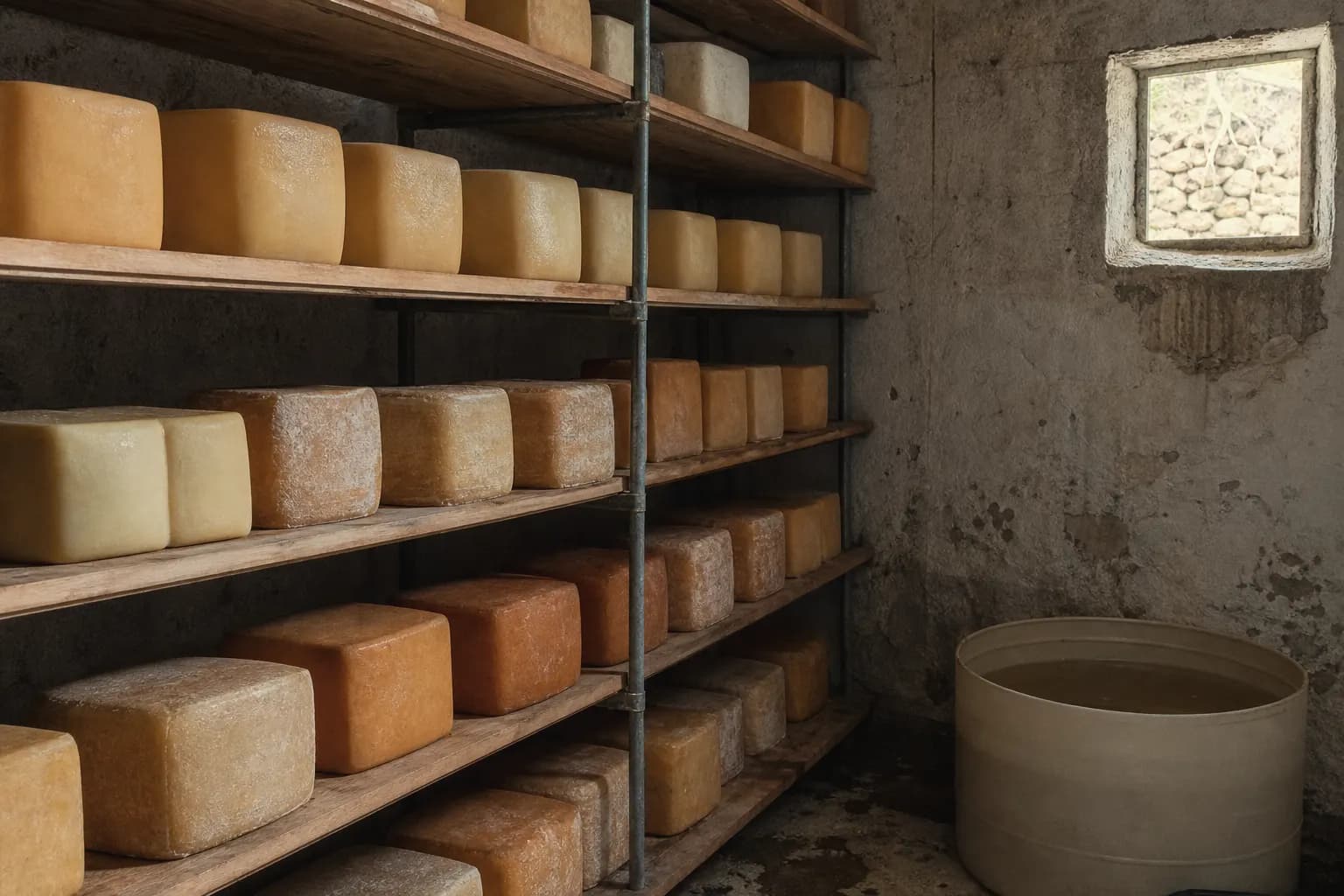 Square Mahón cheeses curing on wooden shelves in the cellar