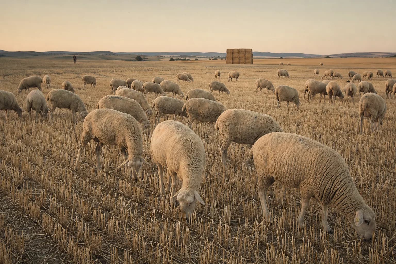 Manchega sheep graze on the stubble after the harvest
