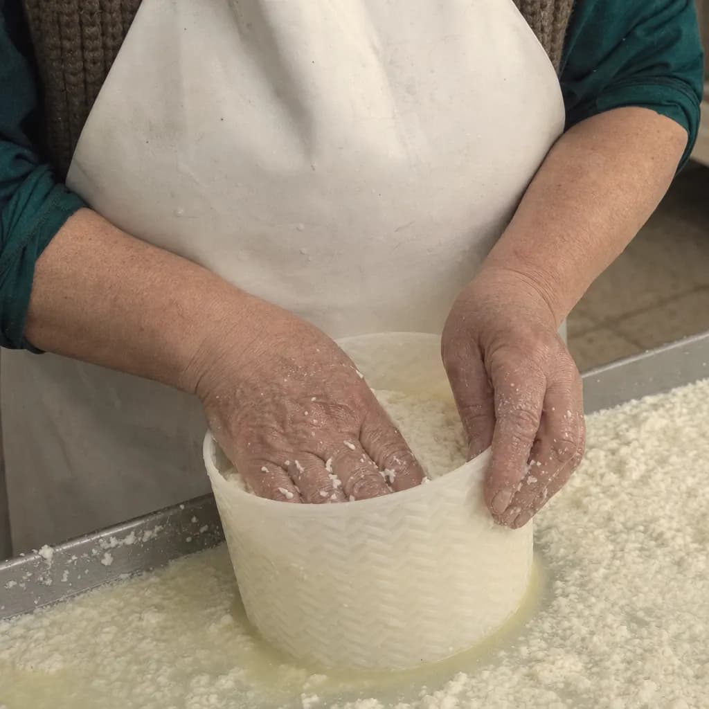 Gema Carrasco's hands press the curd into a mould with a woven pattern