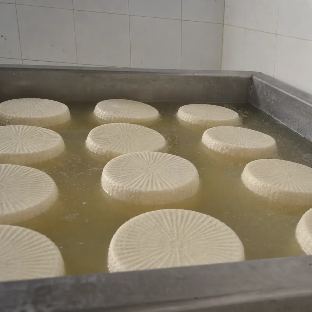 Fresh manchego cheeses in brine with the mould flower on top