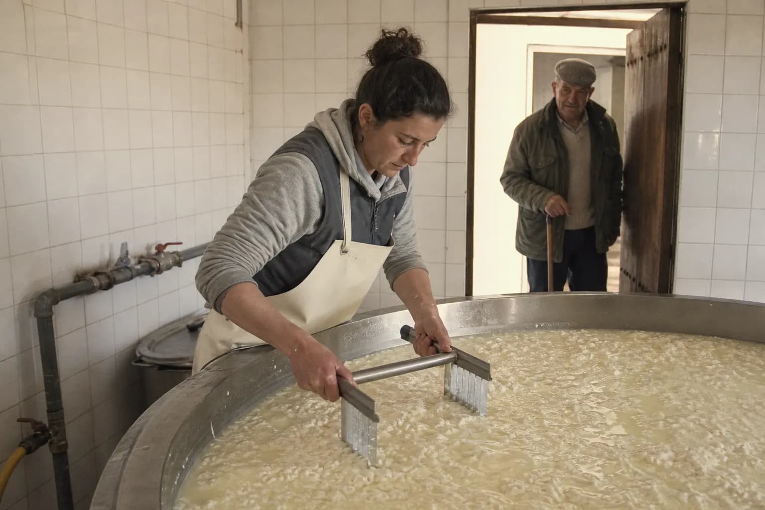 Gema Carrasco works the curd as her father looks in from the door