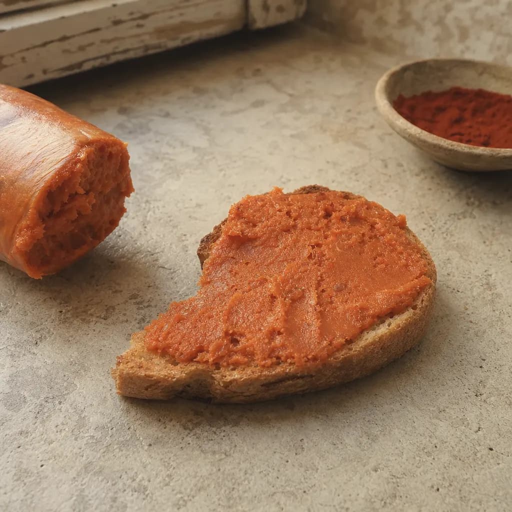 Sobrasada spread on toast beside a bowl of paprika