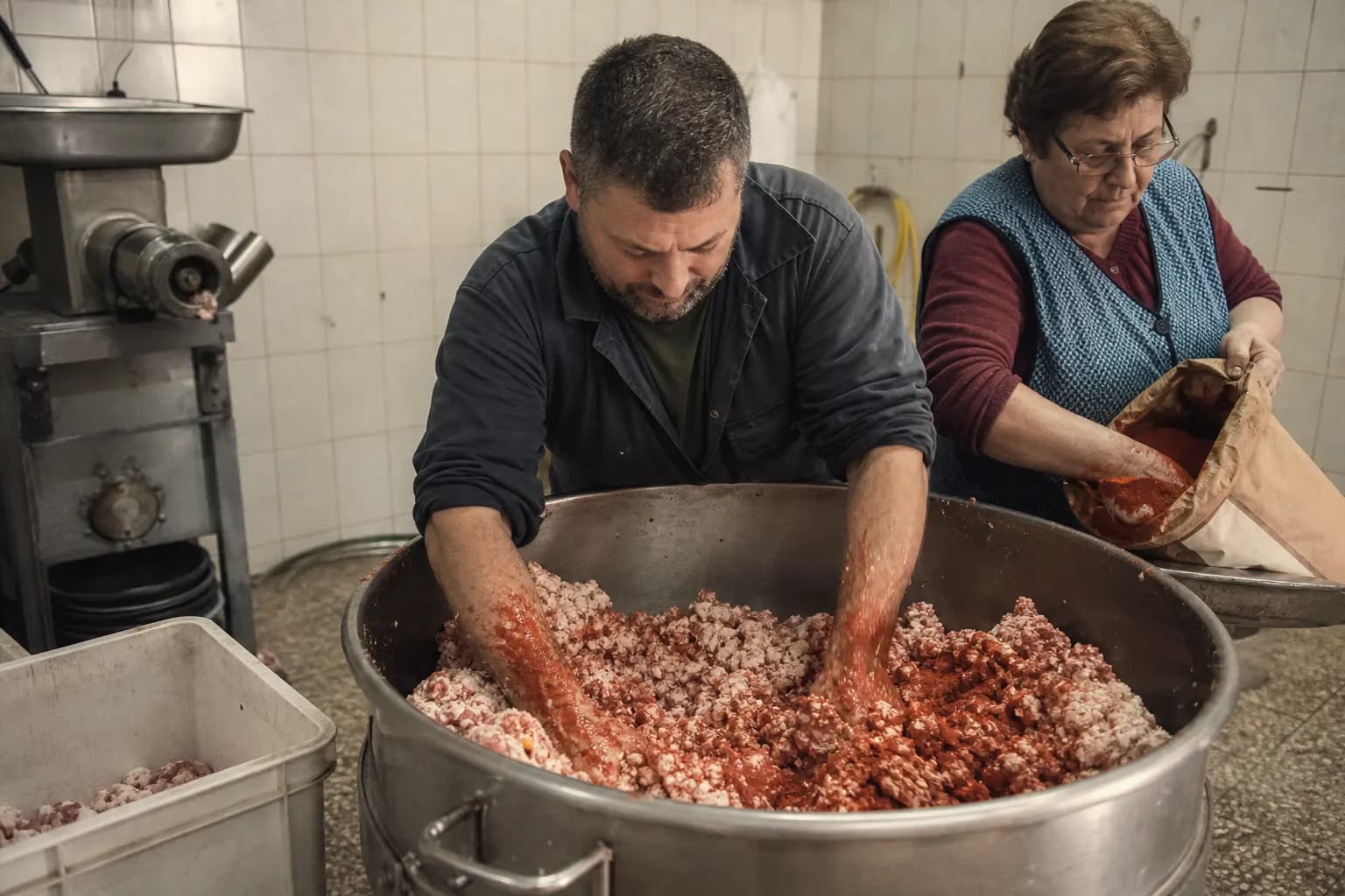 Biel Oliver mixes minced pork with paprika by hand in a tub