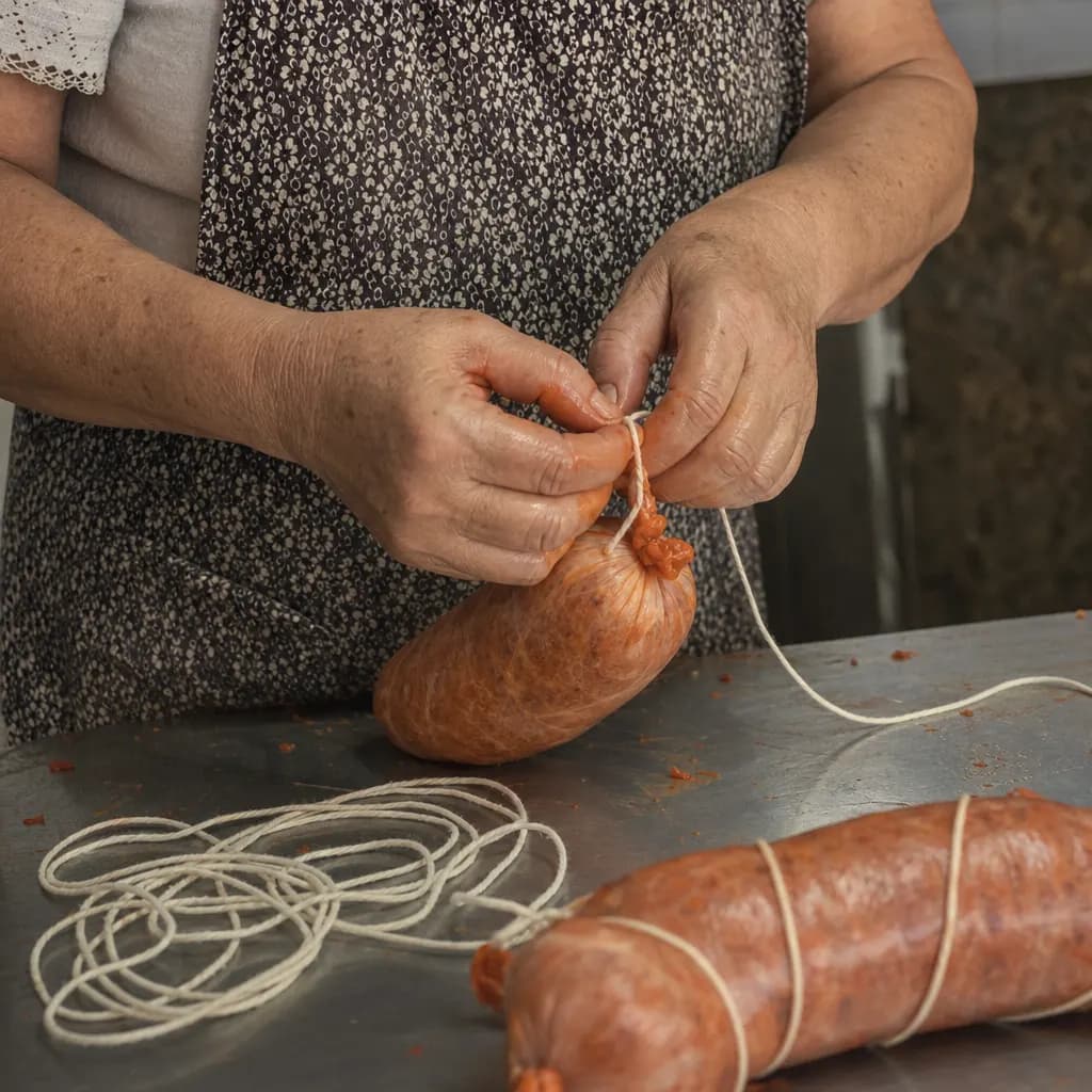 Xisca Oliver's hands stuff the sobrasada and tie it with string
