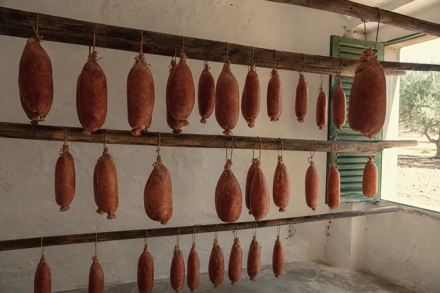 Sobrasadas of different sizes curing in a drying room with a window