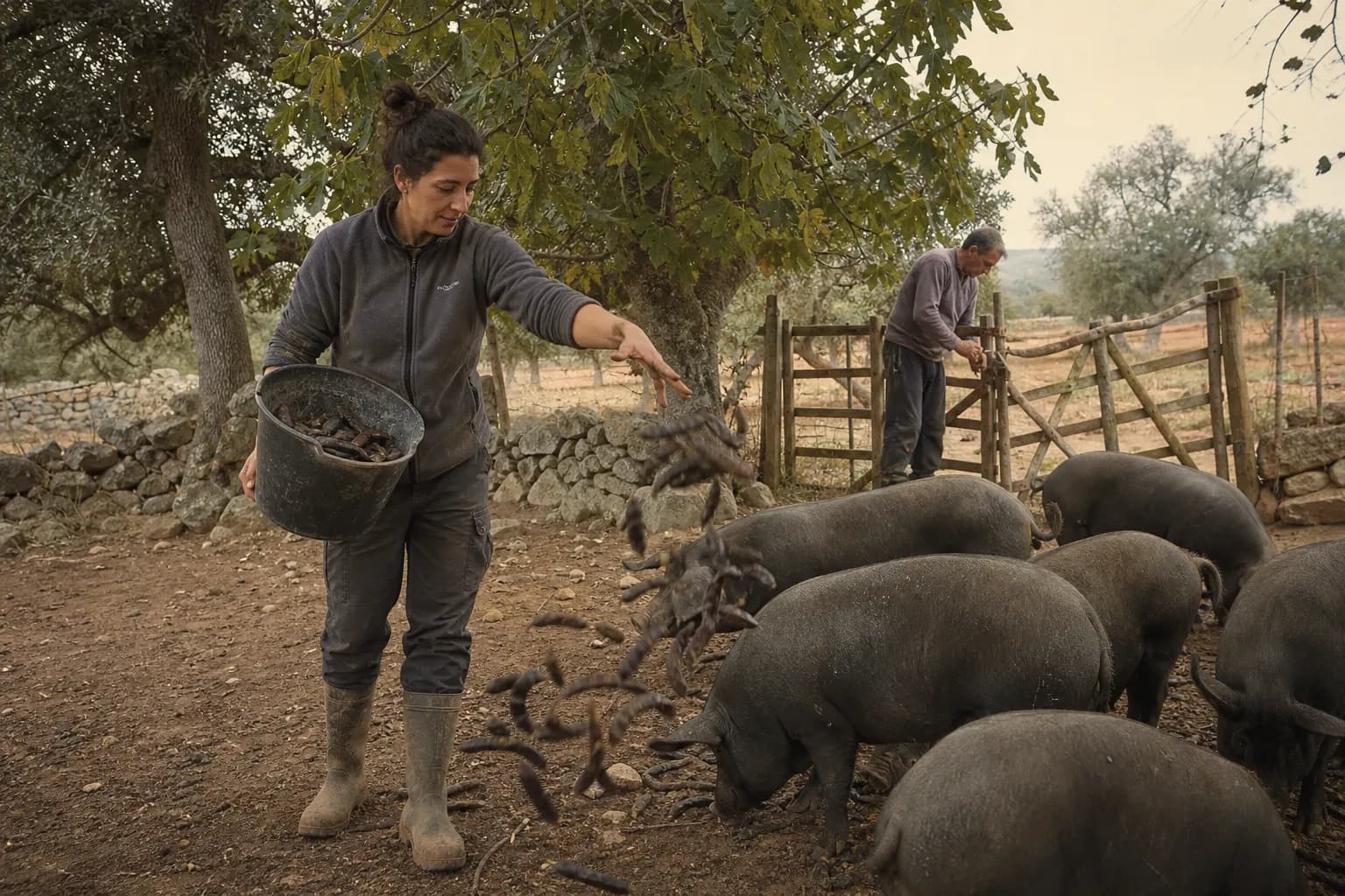 Xisca Oliver feeds carob pods to the black pigs while her father fixes a gate