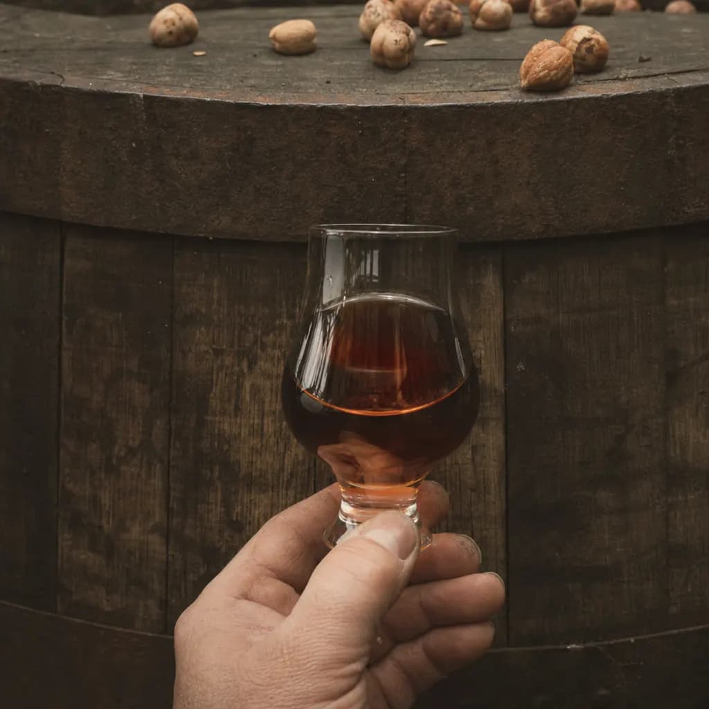 Dark amber sherry vinegar in a glass beside an old cask