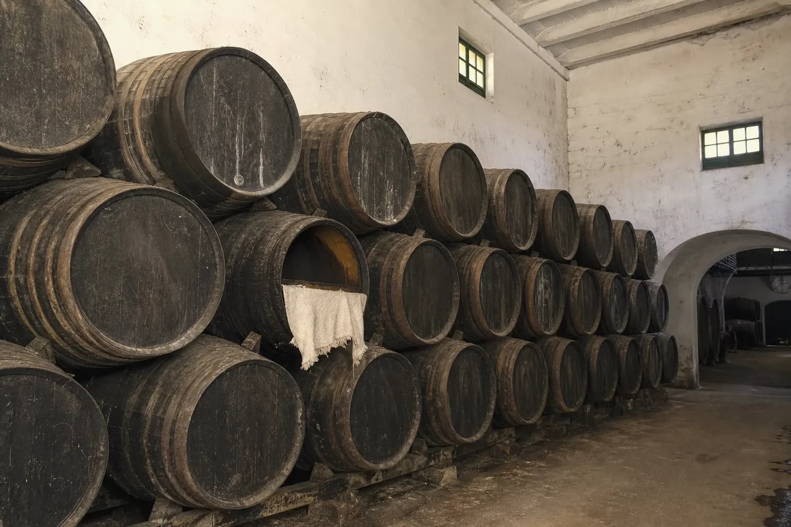 Old American oak casks where the Palomino wine turns to vinegar