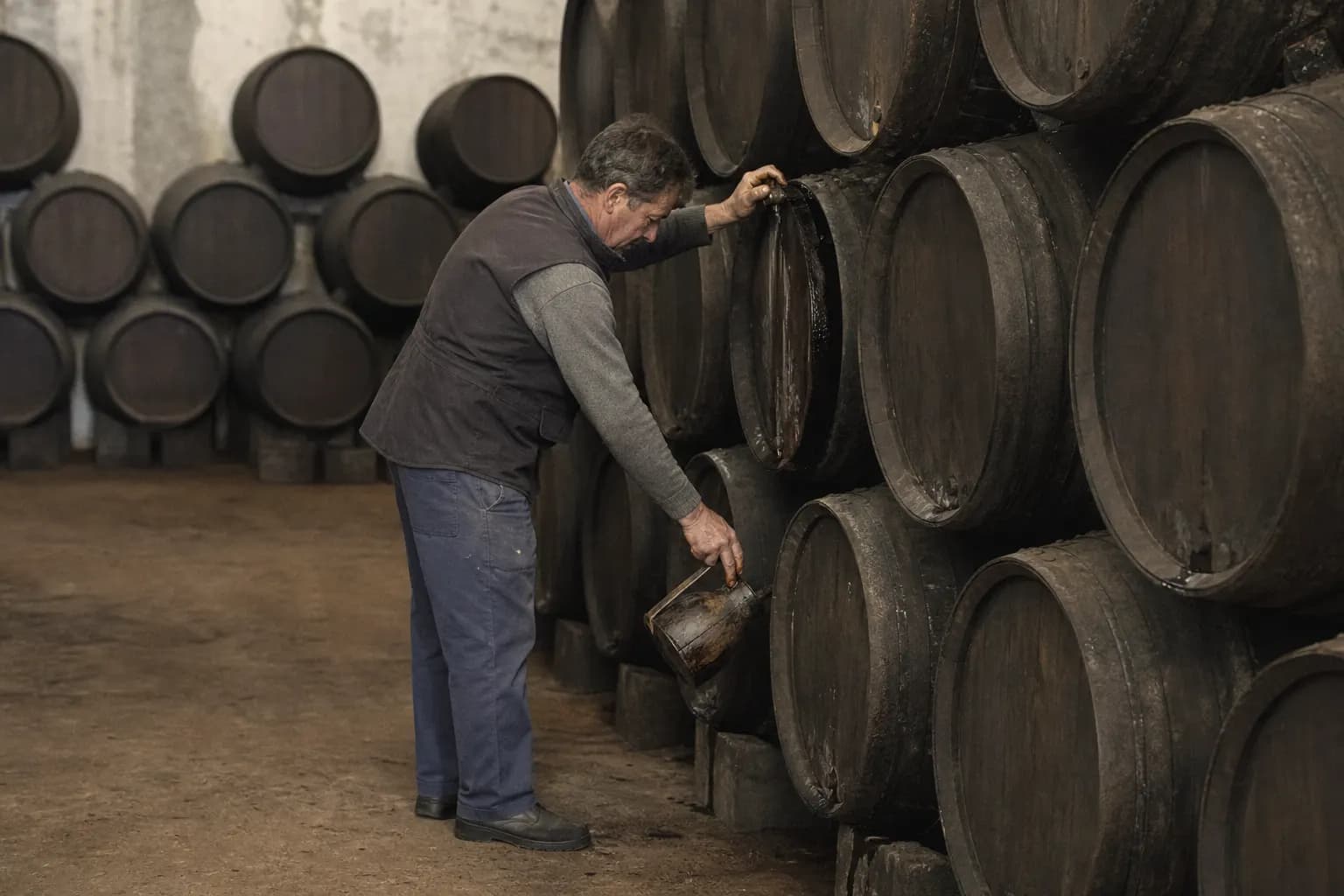 A cellar worker draws from the bottom cask and refills it from the one above
