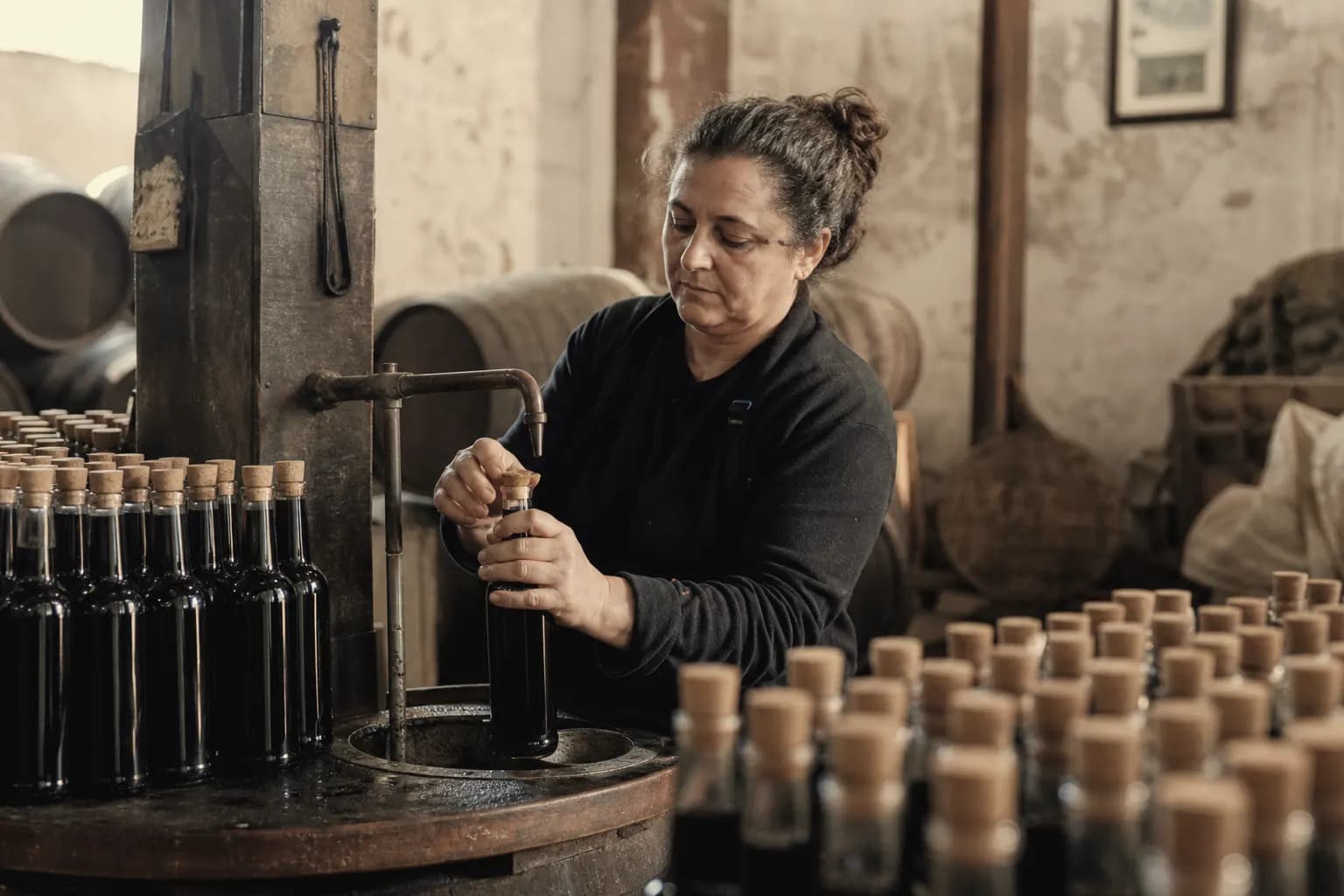 Macarena Rendón bottles the vinegar and corks it by hand