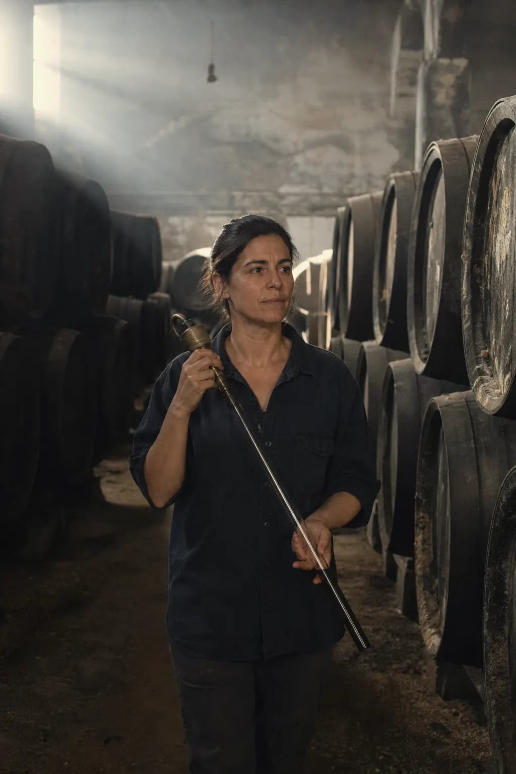 Macarena Rendón, cellar master, aged 38, among old casks in a Sanlúcar bodega