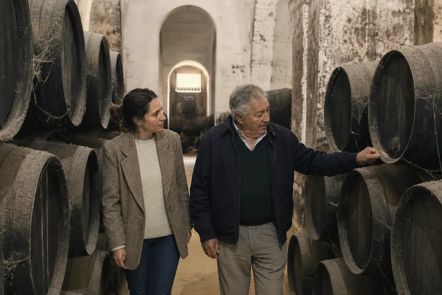 Paco and Macarena Rendón walk past the corner of vinegar casks in the bodega