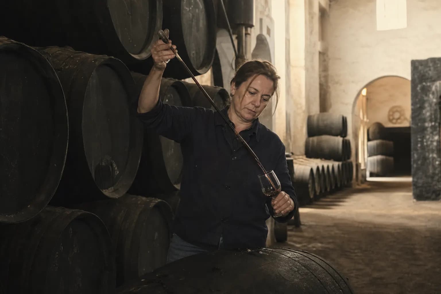 Macarena Rendón draws vinegar from a cask with a venencia to taste it