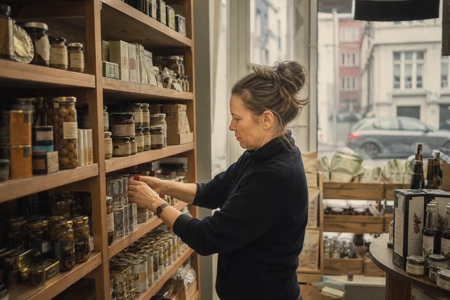 A Copenhagen shopkeeper places jars on a wooden shelf