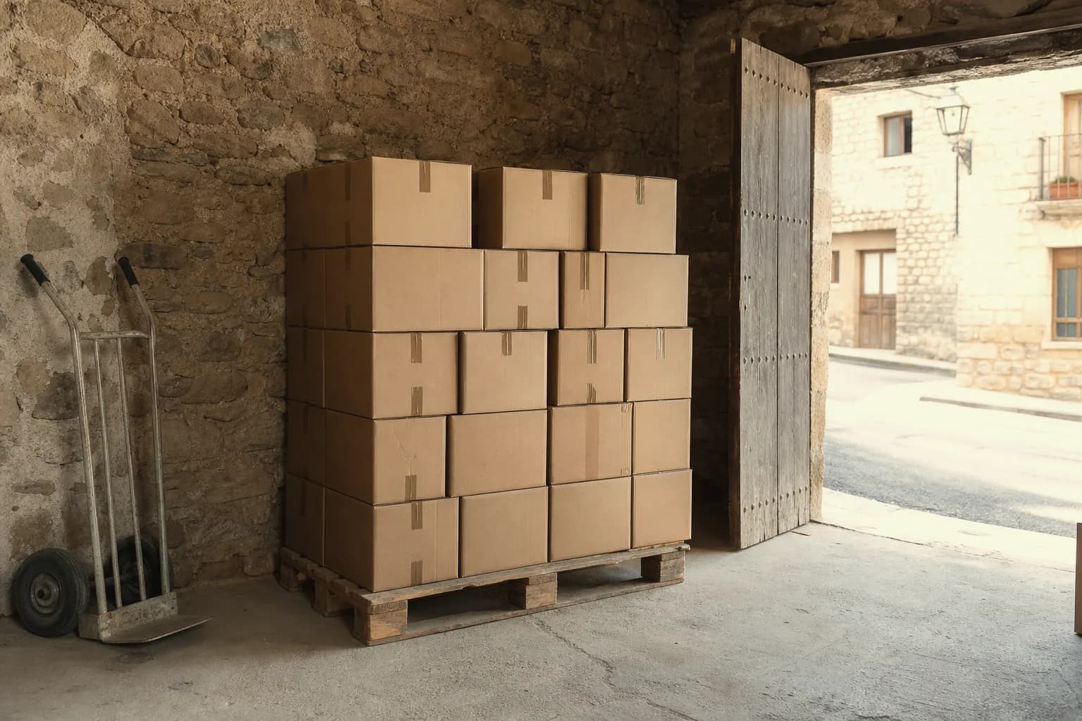 Cardboard boxes with paper tape stacked on a pallet in a Teruel warehouse