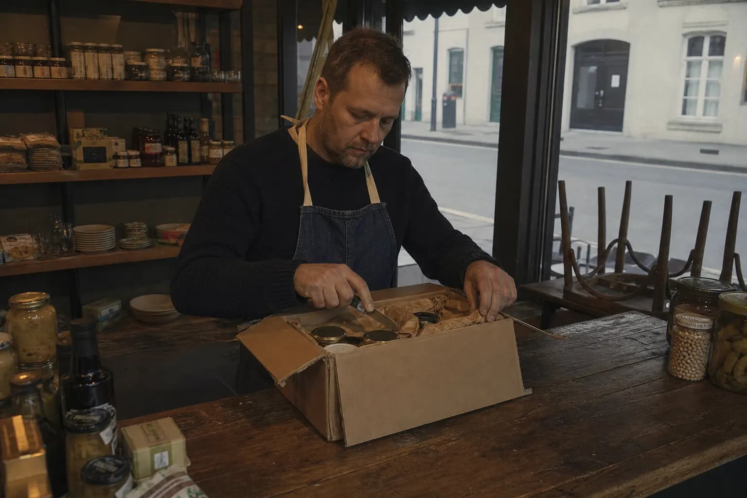 A shopkeeper opens a box of jars and tins on the counter early in the morning